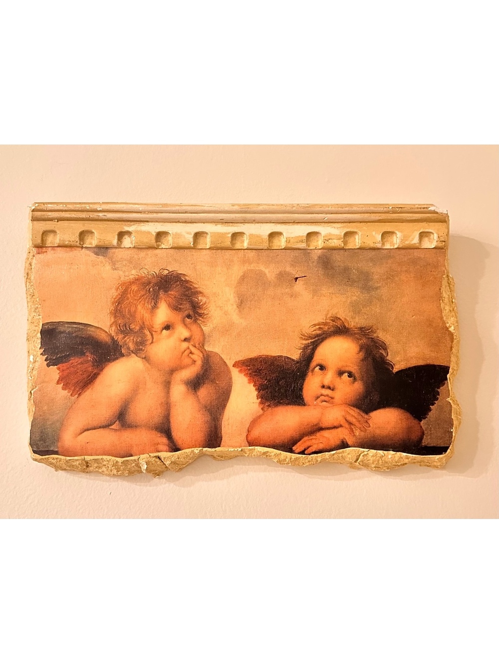 Vintage Fresco Style Wall Plaque Cherubs Raphael's "Sistine Madonna" Blemishes